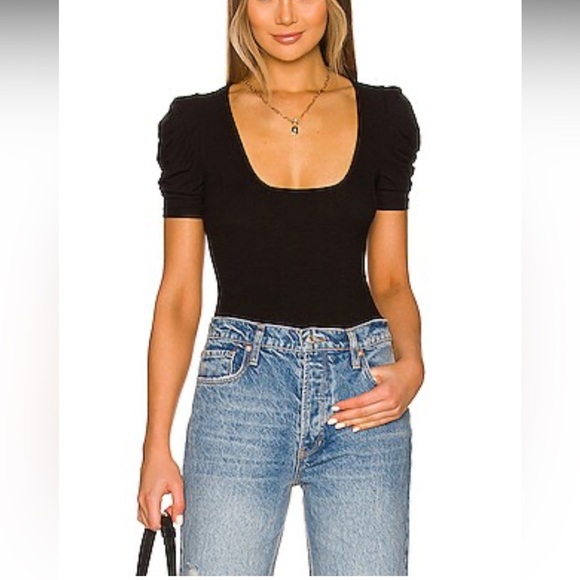 Free People Tops - Free People So Fresh Puff Sleeve Bodysuit In Black